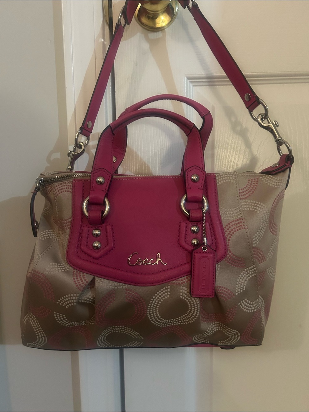 Coach Ashley Dotted Op Art Satchel Tan Khaki Fuchsia Pink Handbag F20027